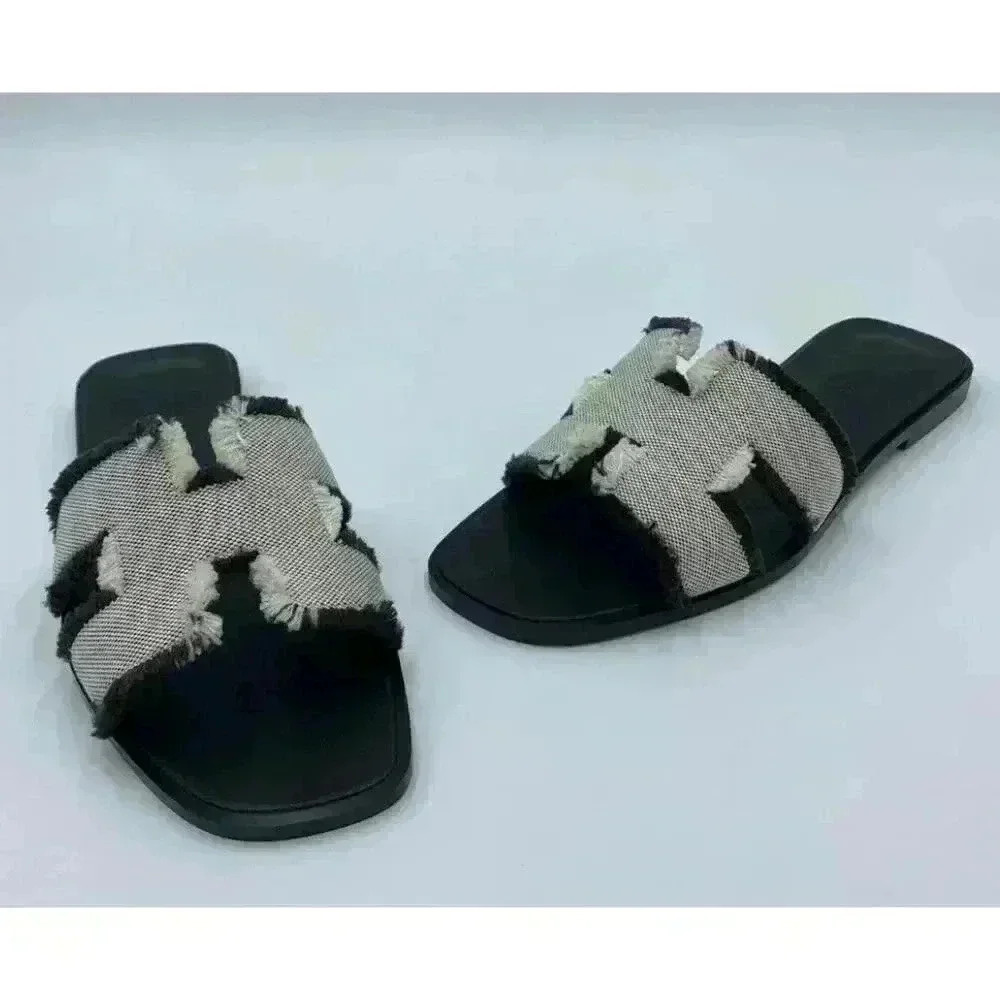 Hermes Oran Sandal Fringed Denim Slides Brown White 36.5 6.5 H Cut Out Leather - Picture 5 of 12
